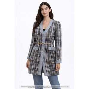 Vintage Y2K ZARA Tweed Chain-Belt Jacket / Coat – Blue & Cream – Size S – y2k